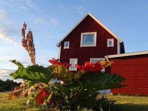 Ein rotes Bauernhaus mit einem dreieckigen Dach und einem kleinen Fenster.