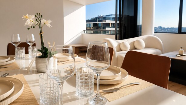 Ein stilvoller Essbereich mit einem Tisch für zwei Personen, klarem Glas und einer Topfpflanze mit Orchideen.