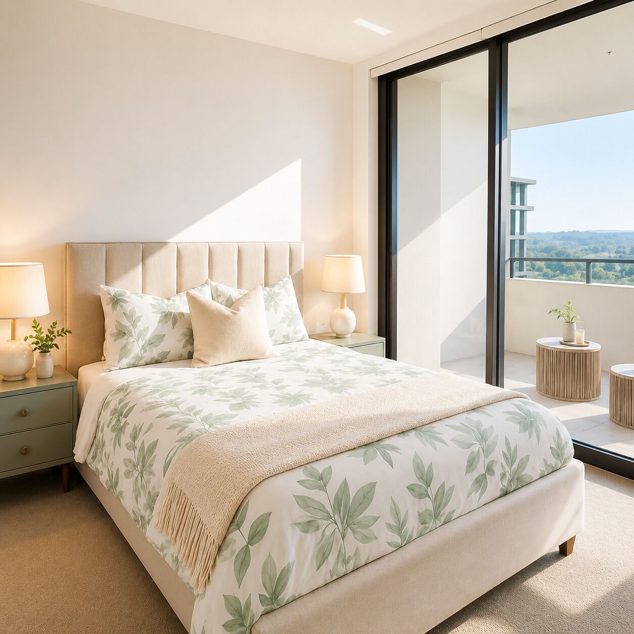 Une chambre à coucher moderne avec un grand lit, des lampes de chevet, une table de chevet et une vue sur l’extérieur.