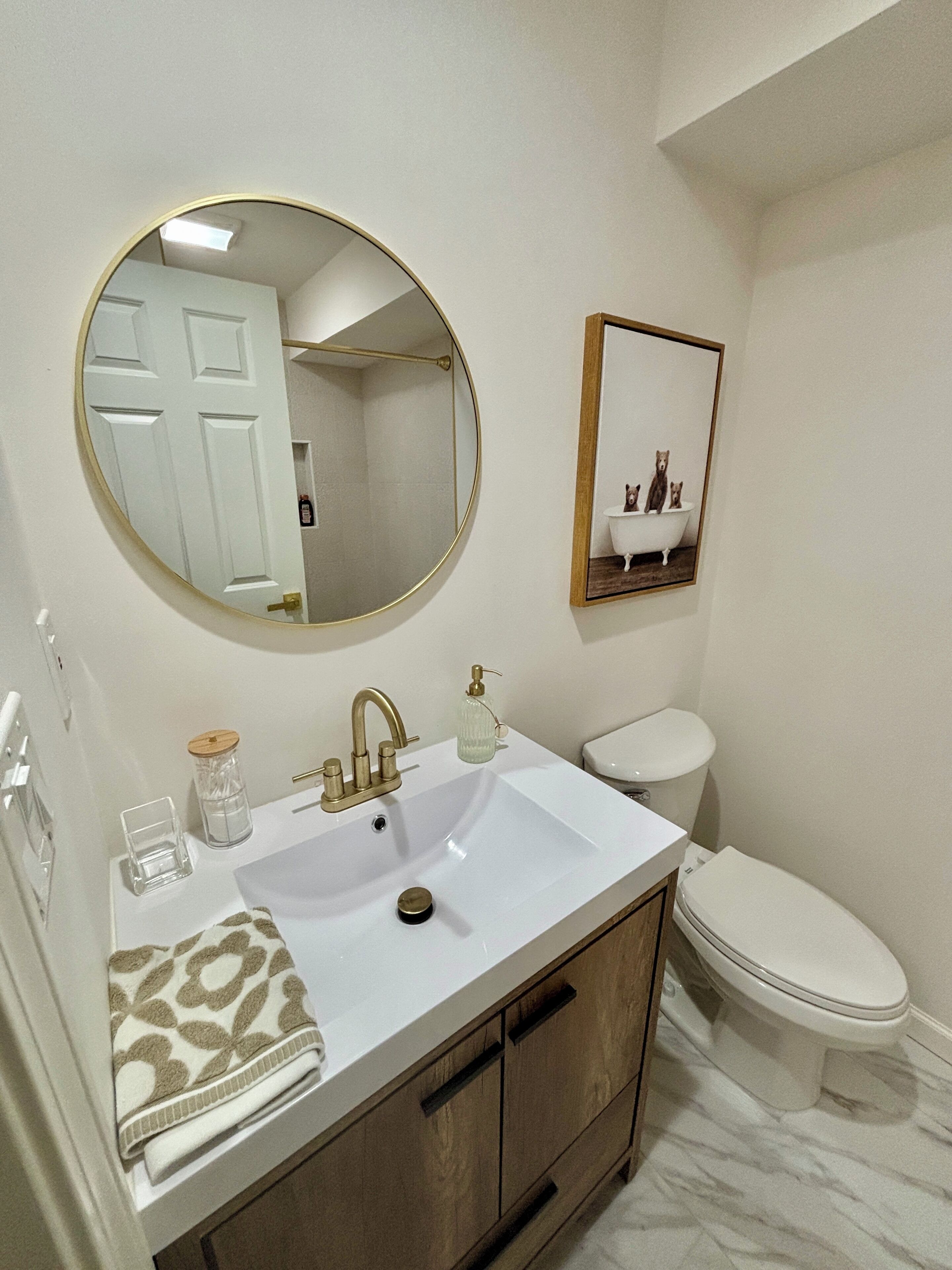 Hair dryer, towels, soap, toilet paper