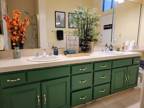 Hair dryer, towels, soap, toilet paper