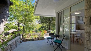 Uma área de pátio com uma mesa e cadeiras, um tapete de entrada e vista para áreas verdes e um edifício ao fundo.