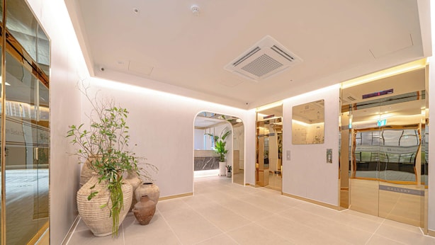 A modern hotel lobby with a tiled floor, large potted plants, and glass doors leading to a gallery. - Denbasta Hotel Guseo (Busan)