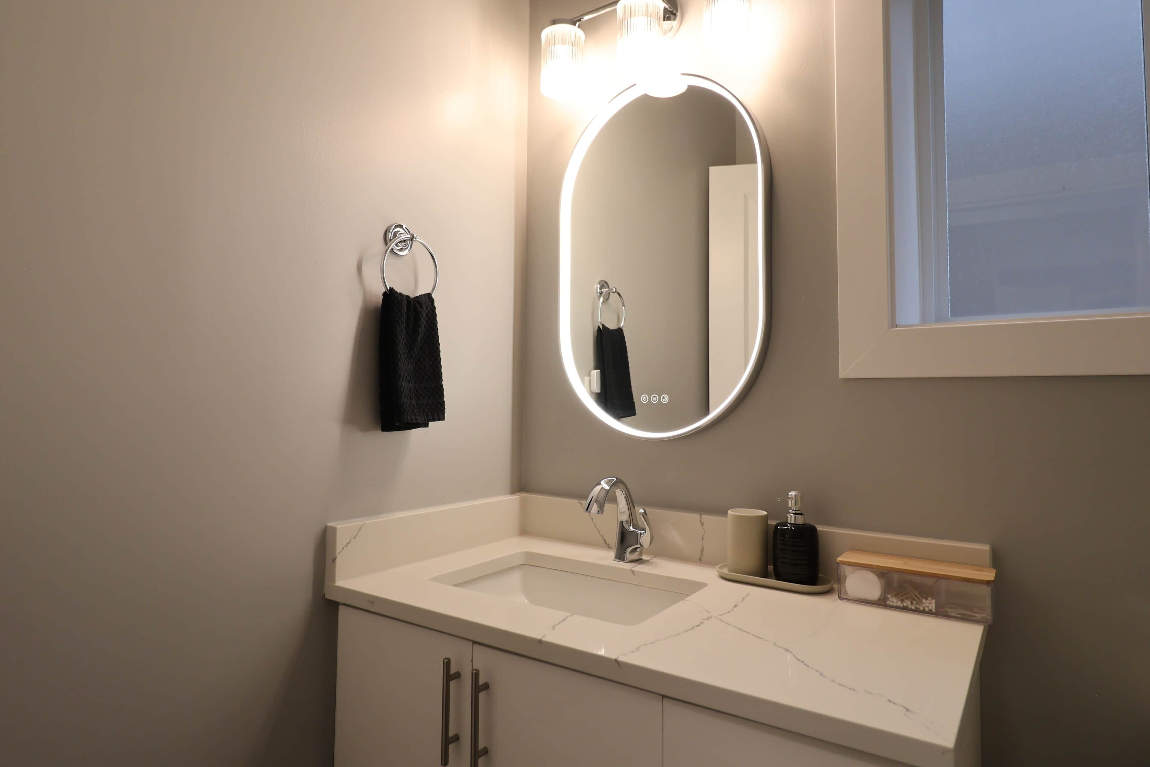 Hair dryer, towels, soap, shampoo