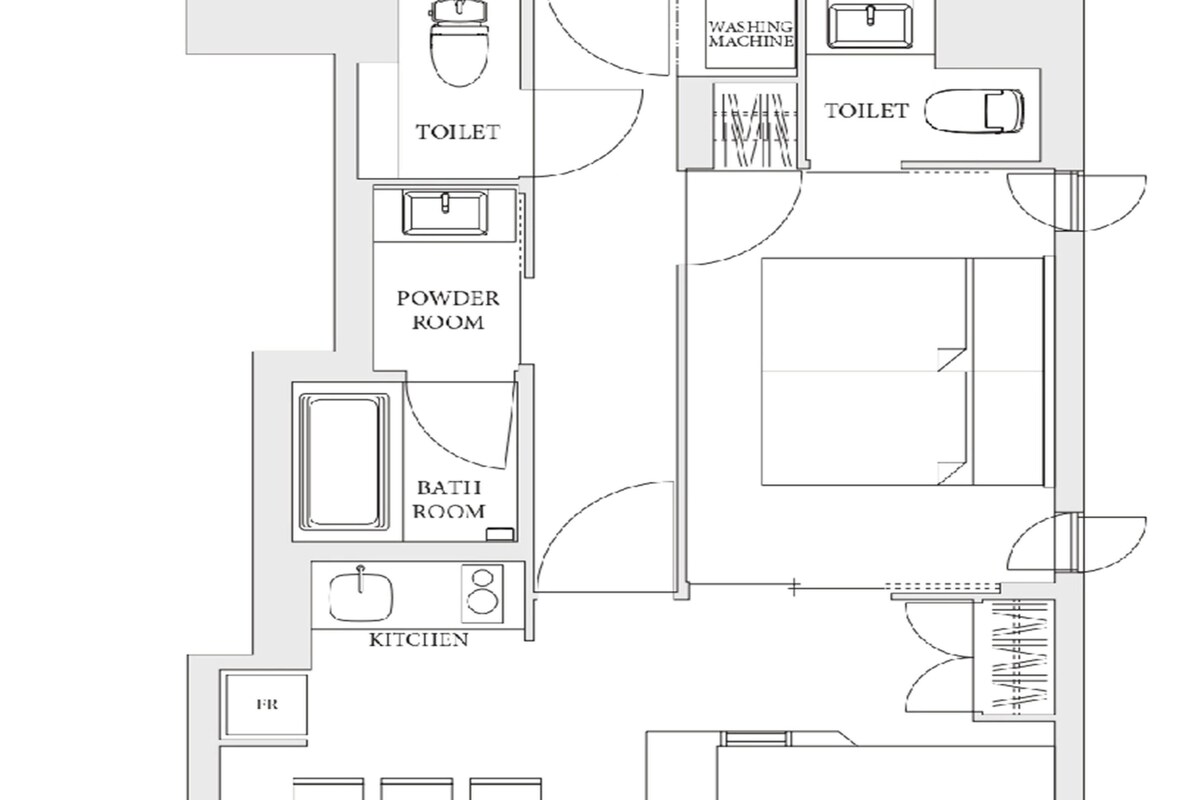 Een plattegrond met een keuken, gastentoilet, toilet, badkamer, slaapkamer met stapelbedden en een tv-hoek.