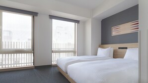 A hotel room with a large bed, two windows with blinds, a headboard with a control panel, and a painting on the wall. - MIMARU Osaka Namba Station Annex (Opens on October 1, 2026) (Osaka)