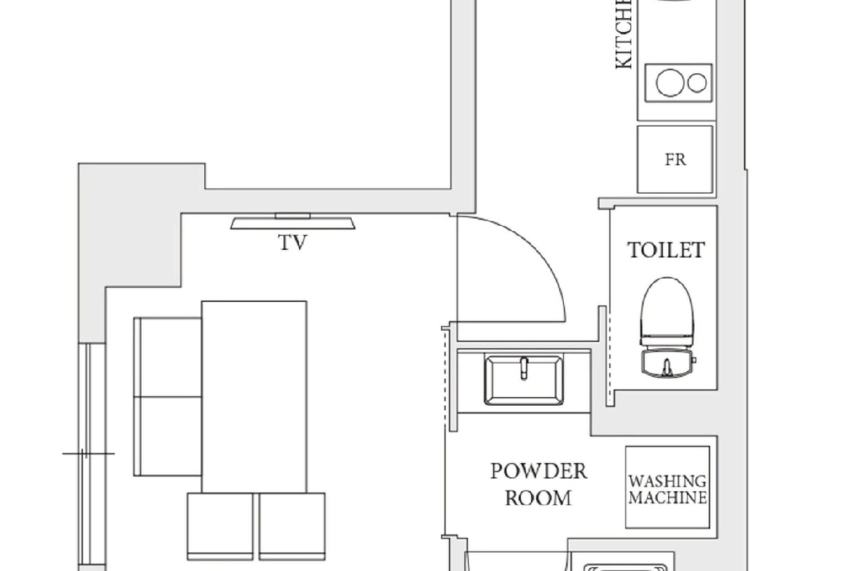 Een plattegrond met een tv-ruimte, gasttoilet, badkamer, stapelbed, keuken en toilet.