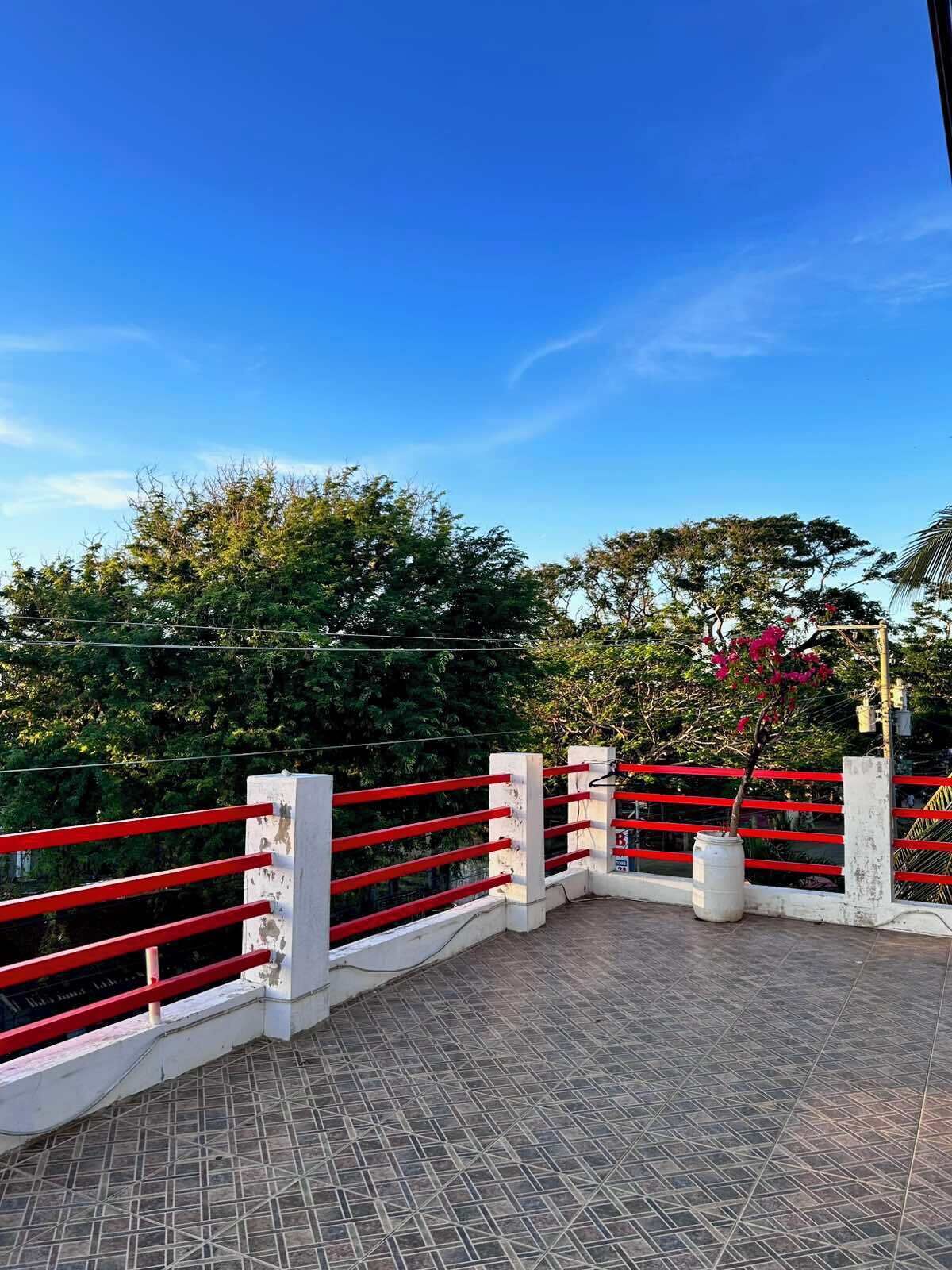 A rooftop terrace with a red and white railing, a tiled floor, and a potted plant.