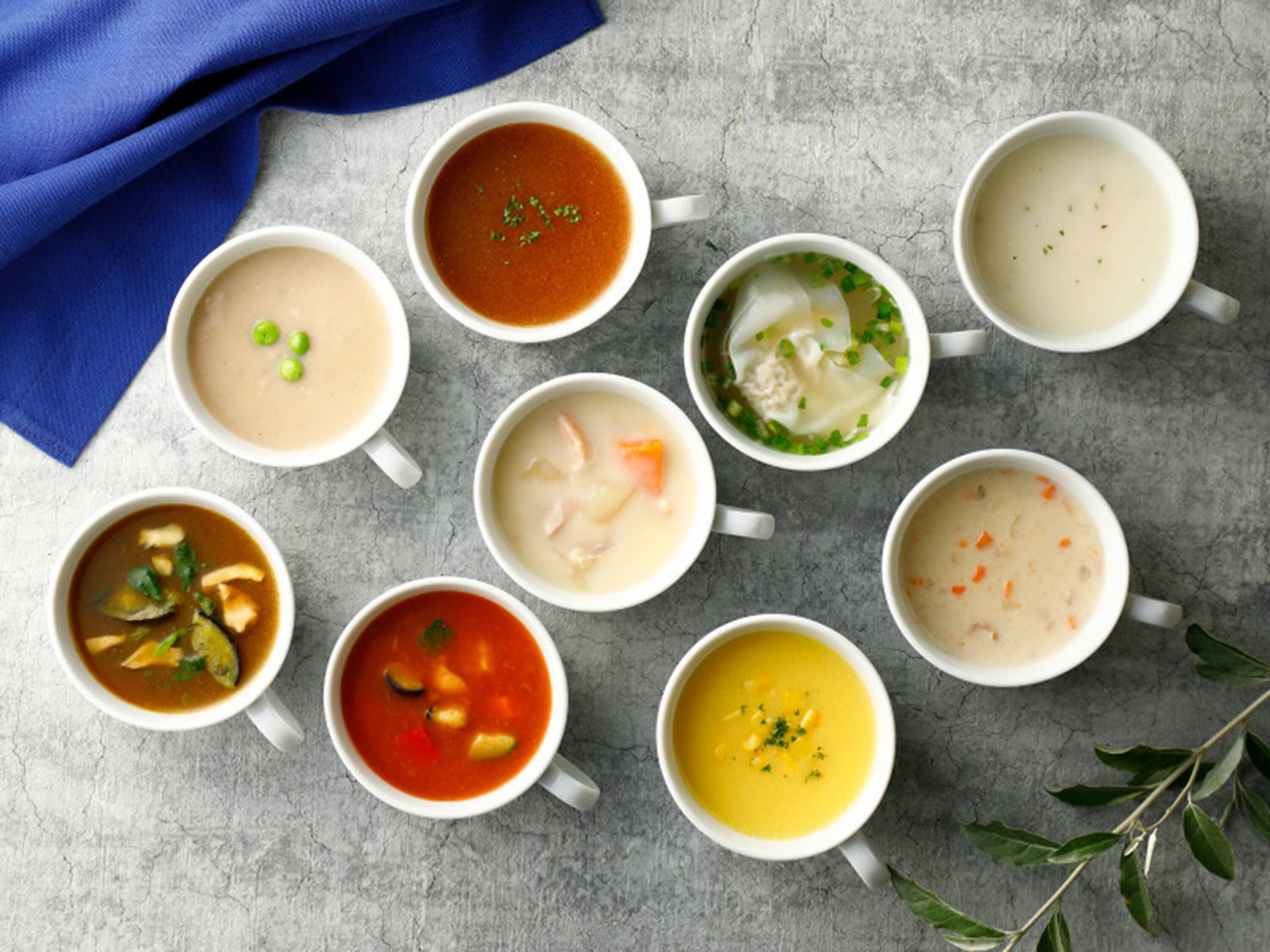 Nine bowls of soup arranged on a textured surface with a blue cloth and green leaves in the background.
