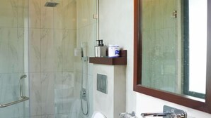 A modern bathroom with a glass-enclosed shower, a white toilet, and a large mirror above a white sink. - Hotel Montagna  (Nuwara Eliya)