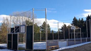 Un espace extérieur aménagé pour la pratique de sports, délimité par une clôture, avec un panier de basketball et un petit abri.