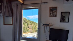 Une pièce avec un plafond en bois, une grande fenêtre donnant sur une forêt et une route, un téléviseur à écran plat fixé sur un meuble en bois, et un canapé gris.