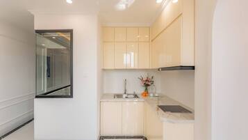 Junior vierpersoonskamer | Privékeuken | Een kookplaat, een rijstkoker, kookgerei, borden en bestek, kruiden