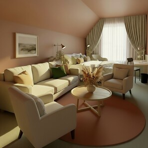 Chambre triple Deluxe, vue sur le jardin | Décor unique, ameublement unique, bureau