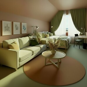 Quarto triplo básico, vista para o mar | Individualmente decorados, individualmente mobiliados, escrivaninha