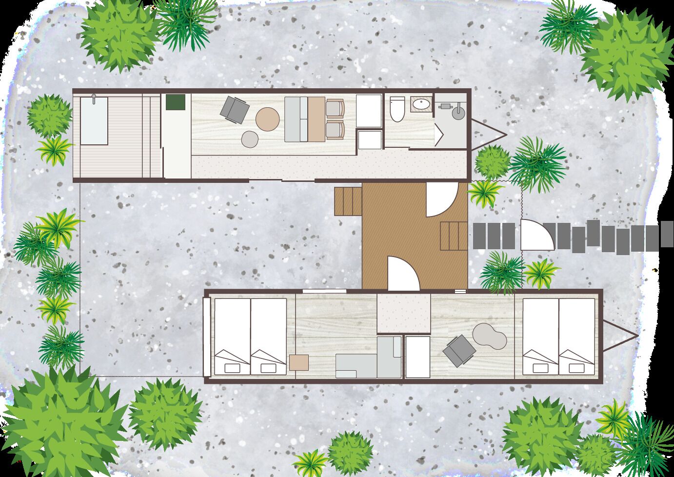 A floor plan of a two-story building with a kitchen, dining area, living room, two bedrooms, and a bathroom.