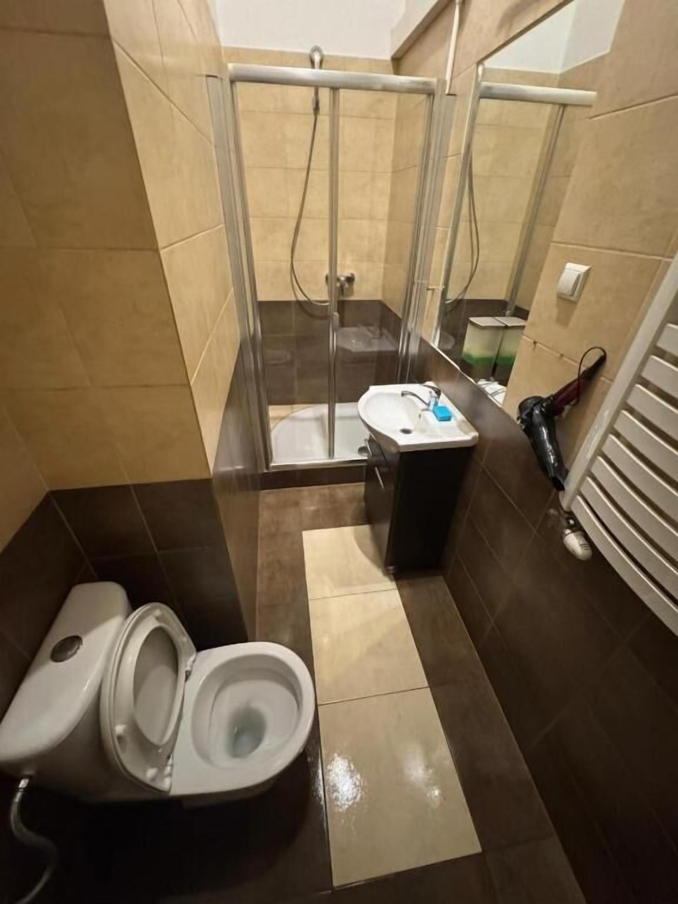 Hair dryer, towels, soap, toilet paper