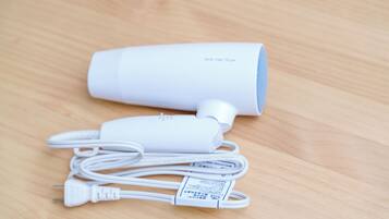 Hair dryer, towels, soap, toilet paper