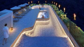 Indoor pool, outdoor pool, open 9:00 AM to 8:00 PM, pool loungers