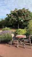 Un área de estar al aire libre con una mesa y dos sillas, rodeada de plantas variadas y un gran árbol con flores rosadas.