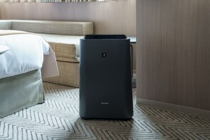 Une pièce comprenant un lit, un canapé et un radiateur portatif.