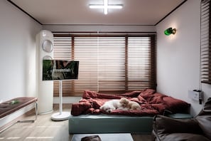 A modern room with a bed, a standing fan, a TV, and a window with blinds. - Ganghwa Aboha Pet-friendly Pension (Incheon)
