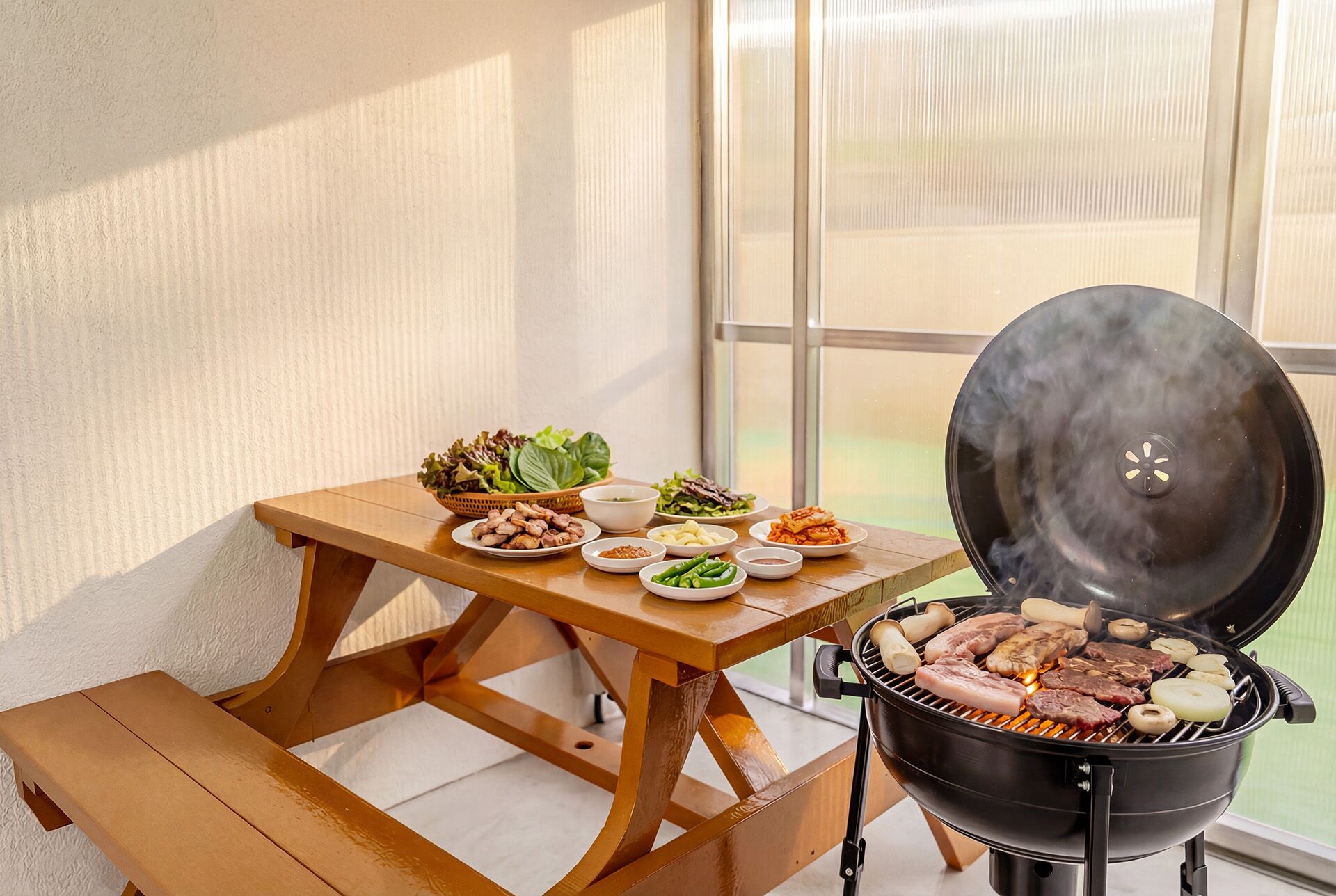 Una mesa de madera con una parrilla negra, diferentes alimentos y una ventana al fondo.
