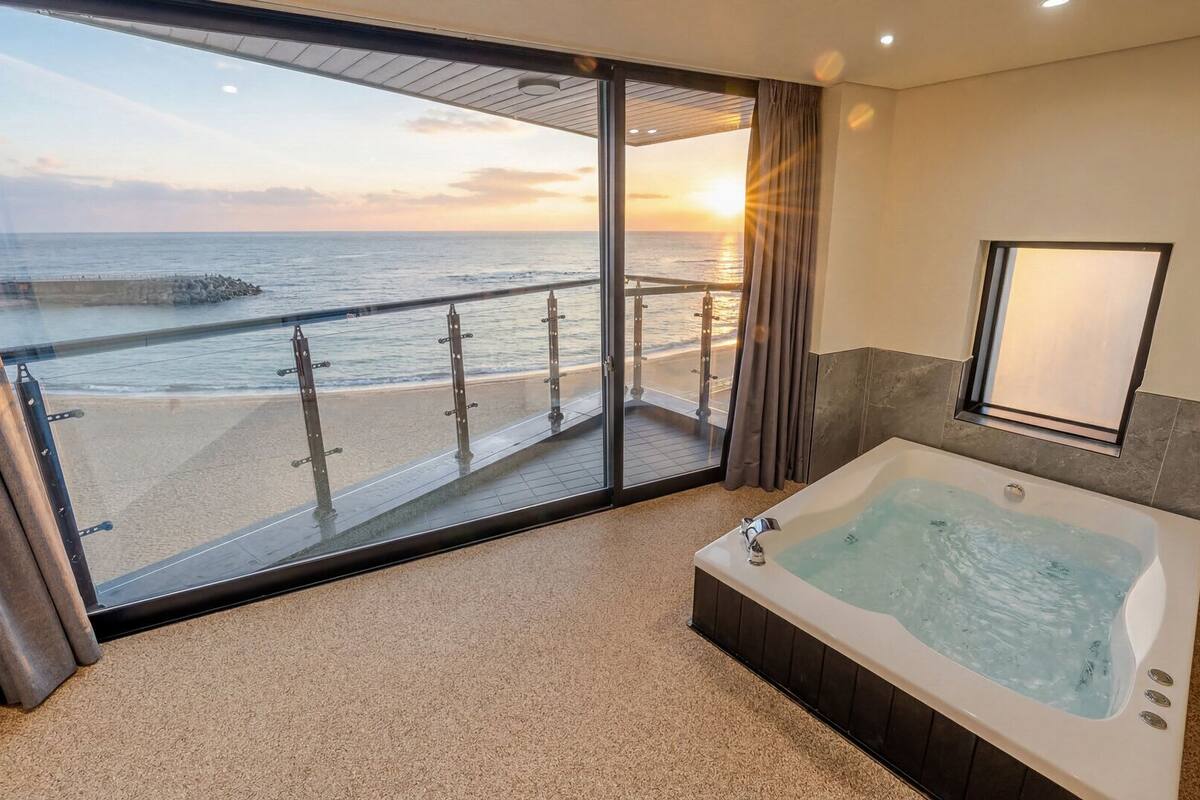 A modern bathroom with a large bathtub, a glass-enclosed balcony with a view of the ocean, and a large mirror.