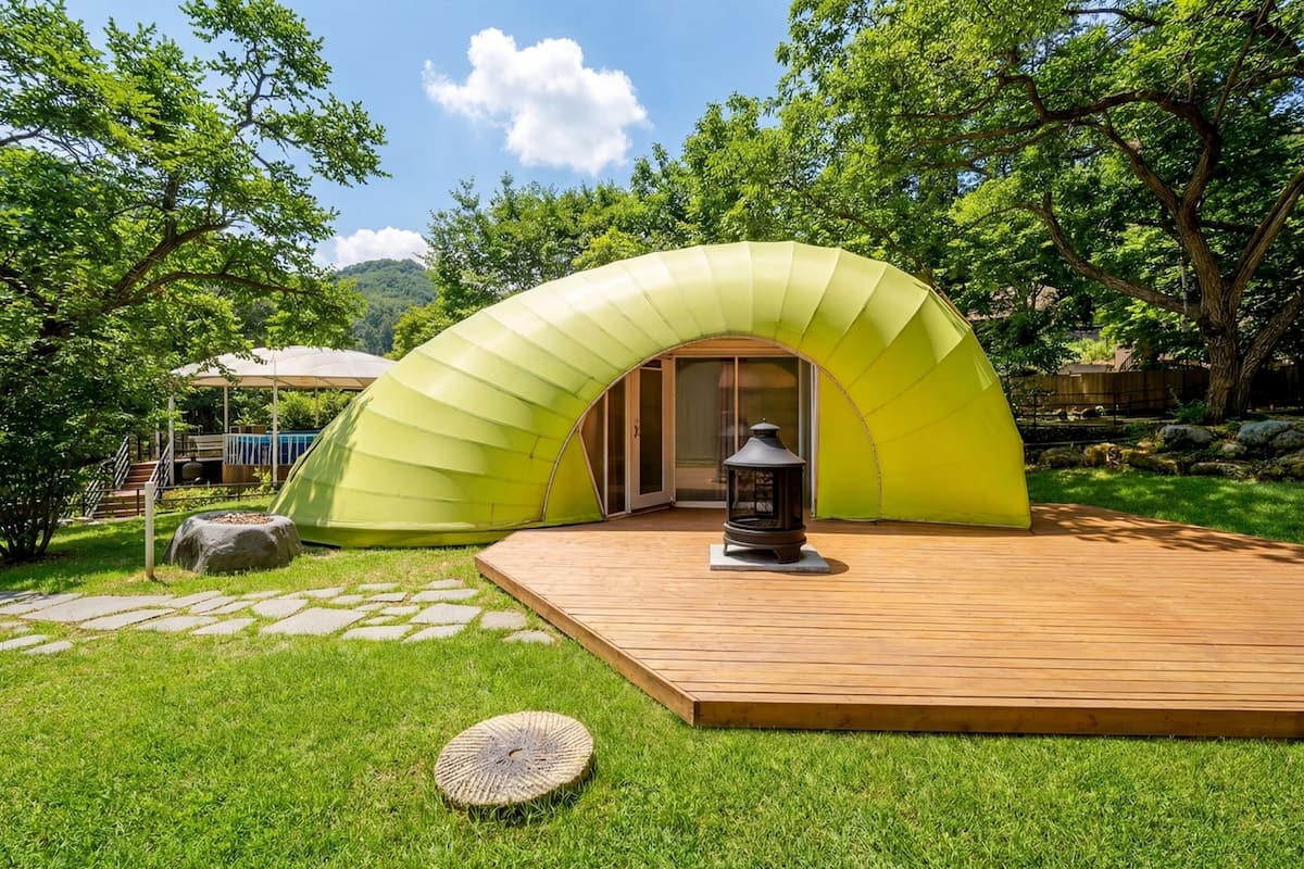 Une structure en forme de dôme géodésique jaune, dotée d’une terrasse en bois, et entourée d’une végétation luxuriante et d’arbres.