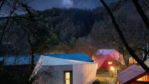 Una yurta con exterior blanco y techo azul, rodeada de árboles y un cielo nocturno con estrellas visibles.