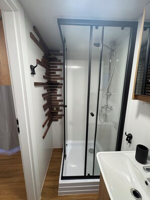 Shower, towels, soap, toilet paper