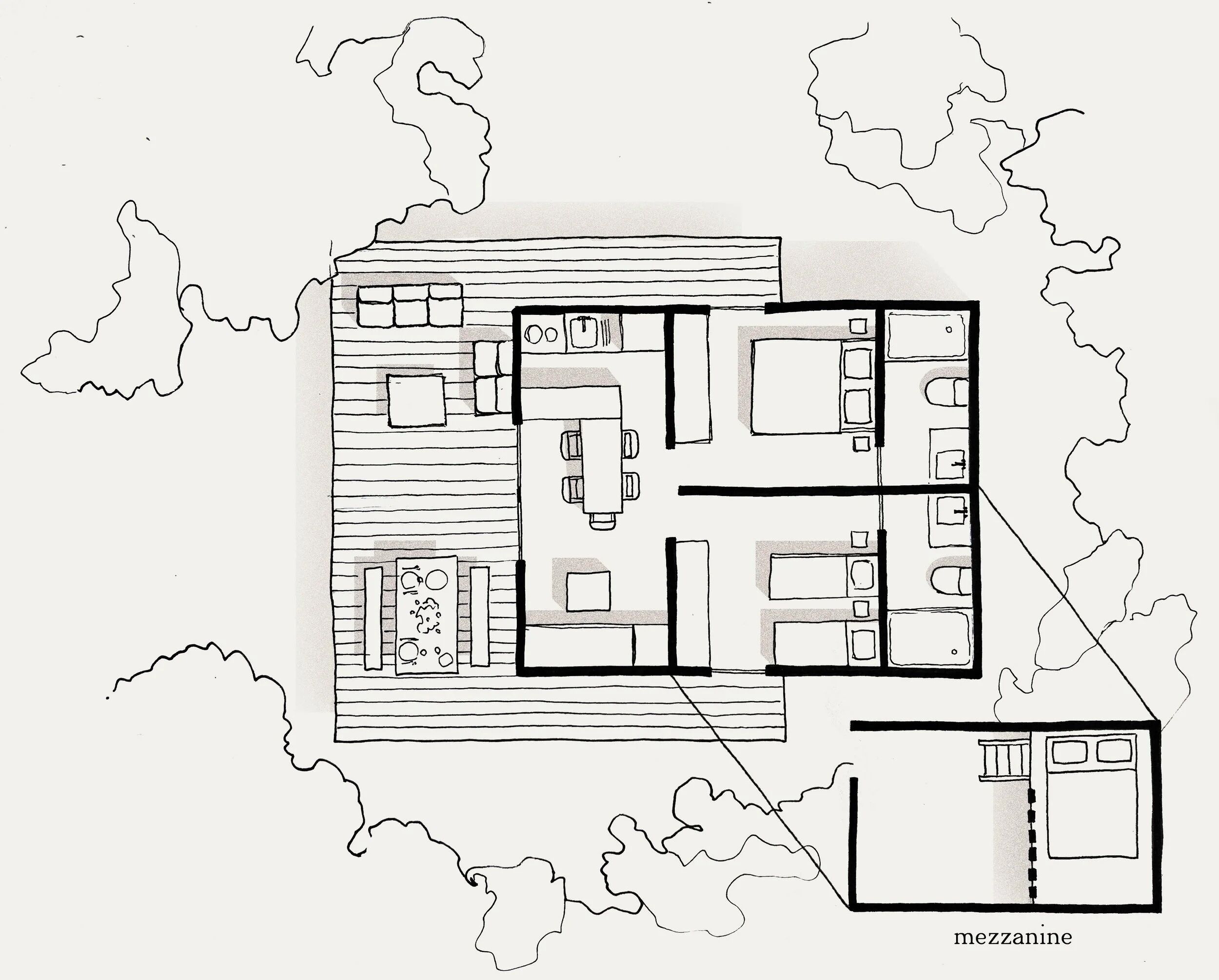 A floor plan of a hotel with a dining area, kitchen, and a mezzanine level.