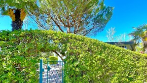 Un vialetto che si apre tra un fitto siepe verde fino a un cancello.