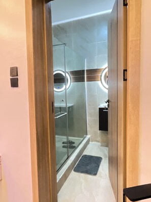 Shower, bidet, towels, toilet paper