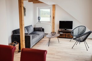 A loft-style living space with a gray sofa, a TV on a wooden stand, a small table, and two wireframe chairs. - Holiday Apartment 'Habichthorst' with Spacious Loggia, Shared Garden, and Stunning Views (Naumburg)