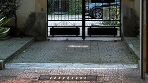 A gated entrance to a building with a paved driveway and a metal gate.