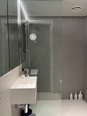 Secador de cabelo, toalhas de banho, sabonete, papel higiênico