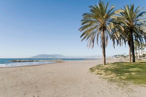 A beach with palm trees, a clear sky, and a distant mountain range. - Apartment 'Apartamento Alhóndiga El Palo' with Balcony, Wi-Fi and Air Conditioning (Málaga)