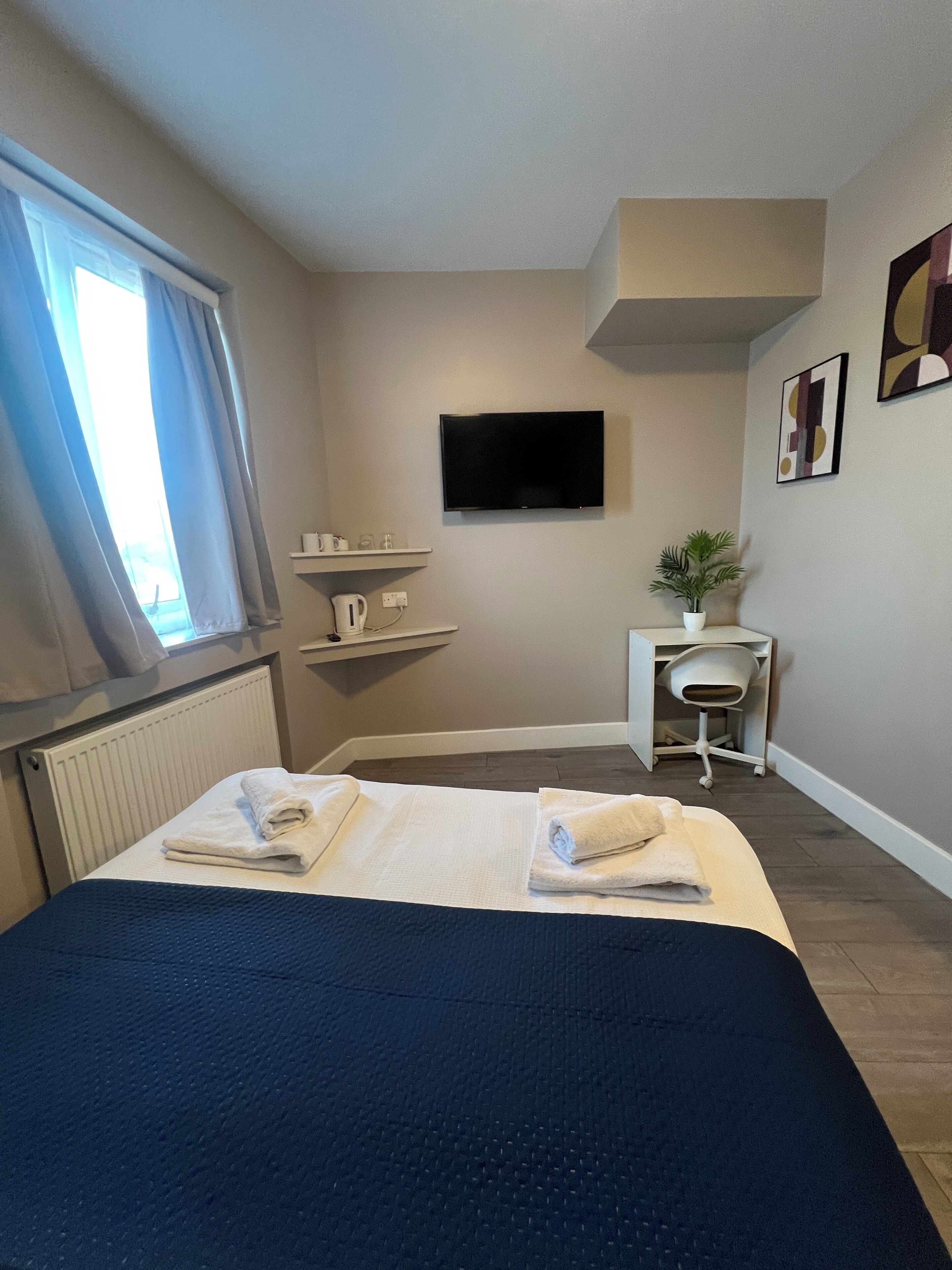Une chambre d’hôtel avec un lit, un bureau, une chaise, une télévision et une plante en pot.
