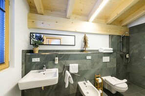Een douche, een haardroger, een bidet, handdoeken