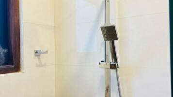 Shower, hair dryer, towels, soap