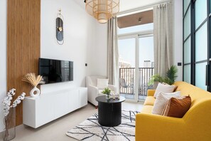 TV - Stylish 1BR w/ Balcony | Collective Tower 2.0 (Dubai Hills)