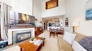 Smart TV, fireplace, DVD player, books