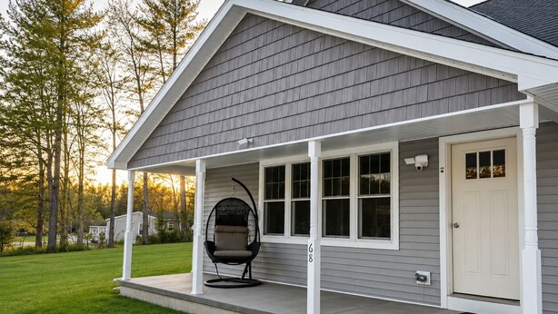 Une maison avec un porche couvert, une chaise suspendue et une plaque portant le numéro 68.