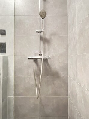 Regadera, secadora de cabello, toallas, papel de baño 