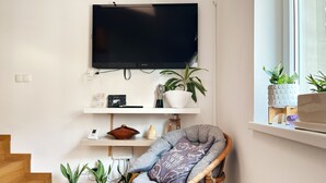 A living room with a flat-screen TV mounted on the wall, a wicker chair with a cushion, and several potted plants on a shelf and the floor.