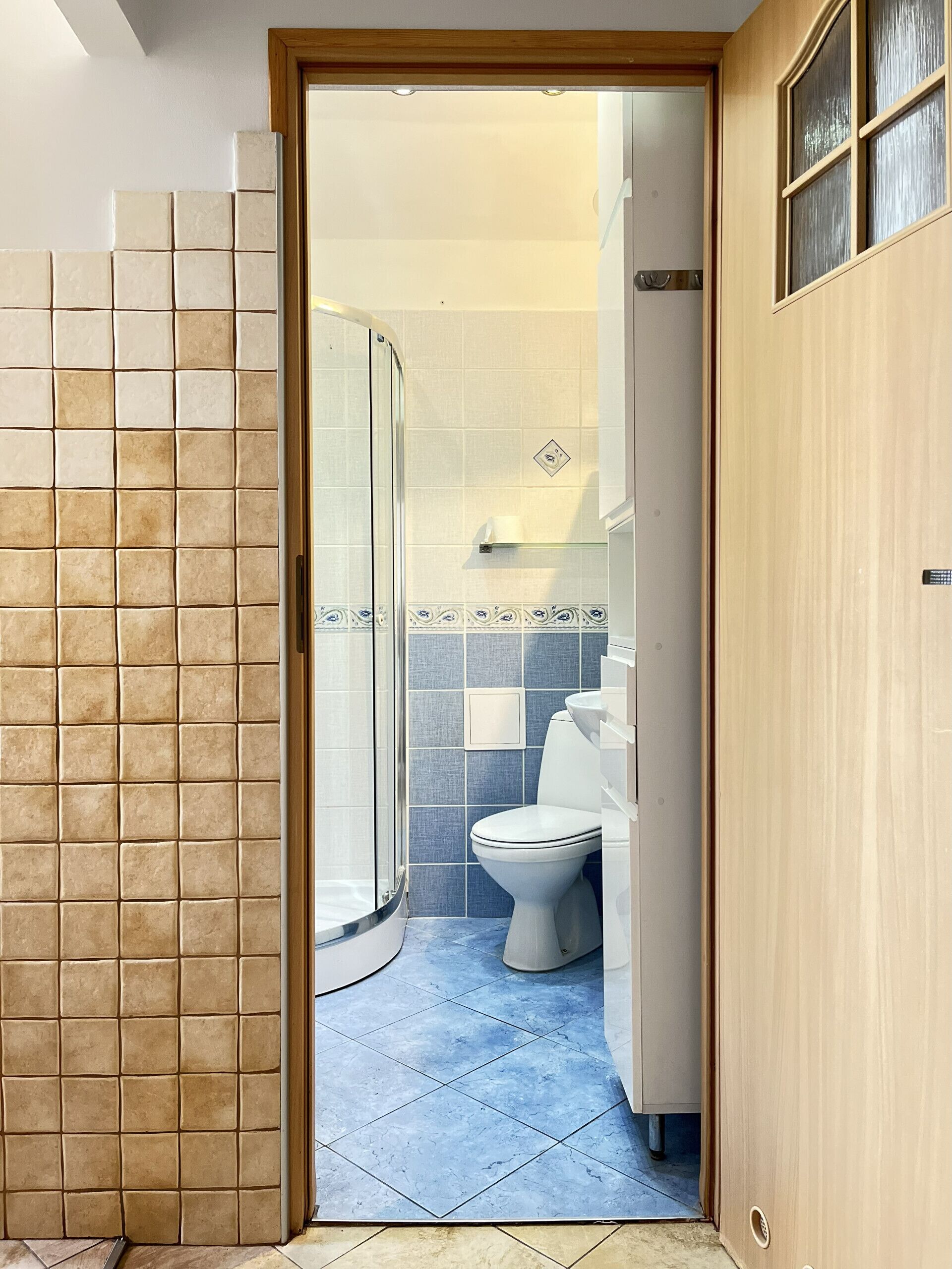 A bathroom with a shower, toilet, and tiled walls.