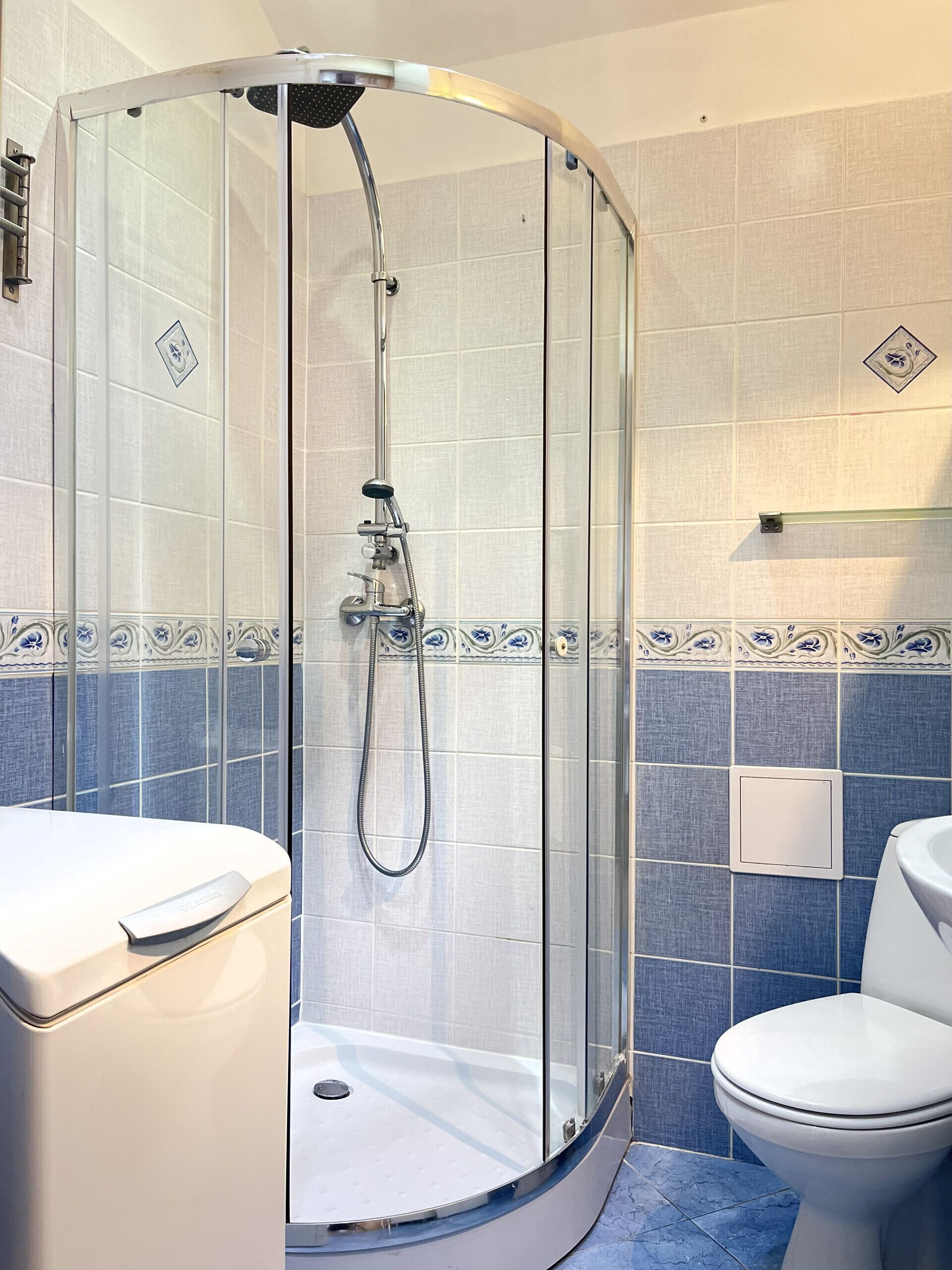 Shower, hair dryer, towels, toilet paper
