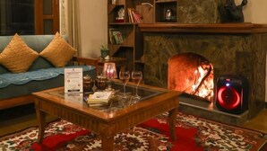 Una sala de estar acogedora con chimenea, un sofá con cojines, una mesa de centro con libros y vasos, y una alfombra roja.