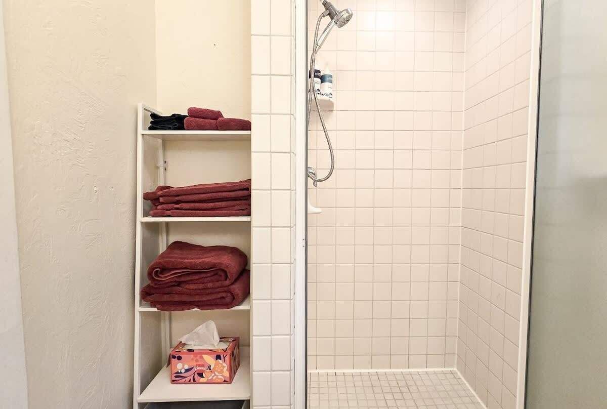 Shower, hair dryer, towels